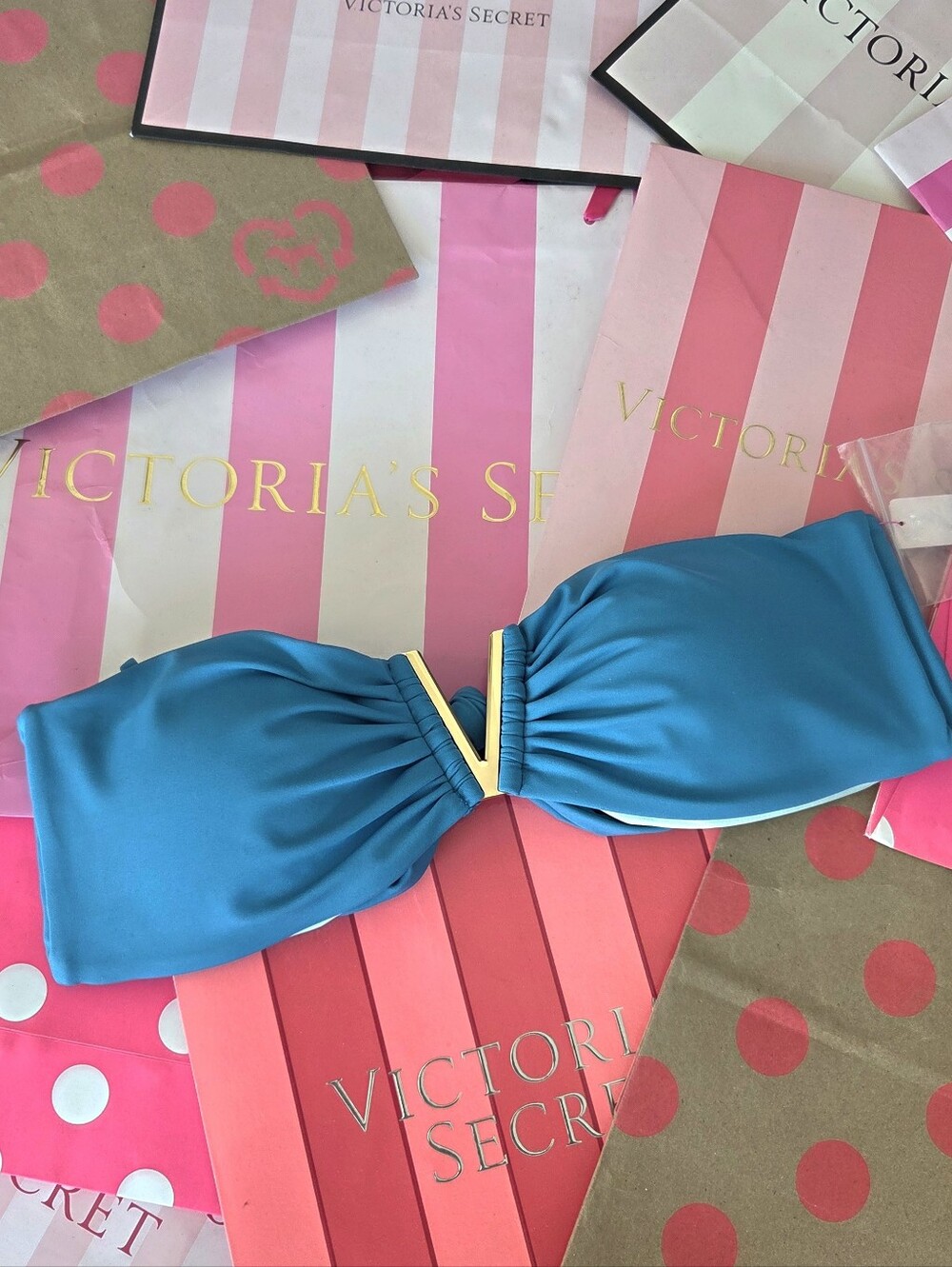 Victoria's Secret Gold V-Hardware Bandeau Bikini Top NWT Teal Blue Padded Cups